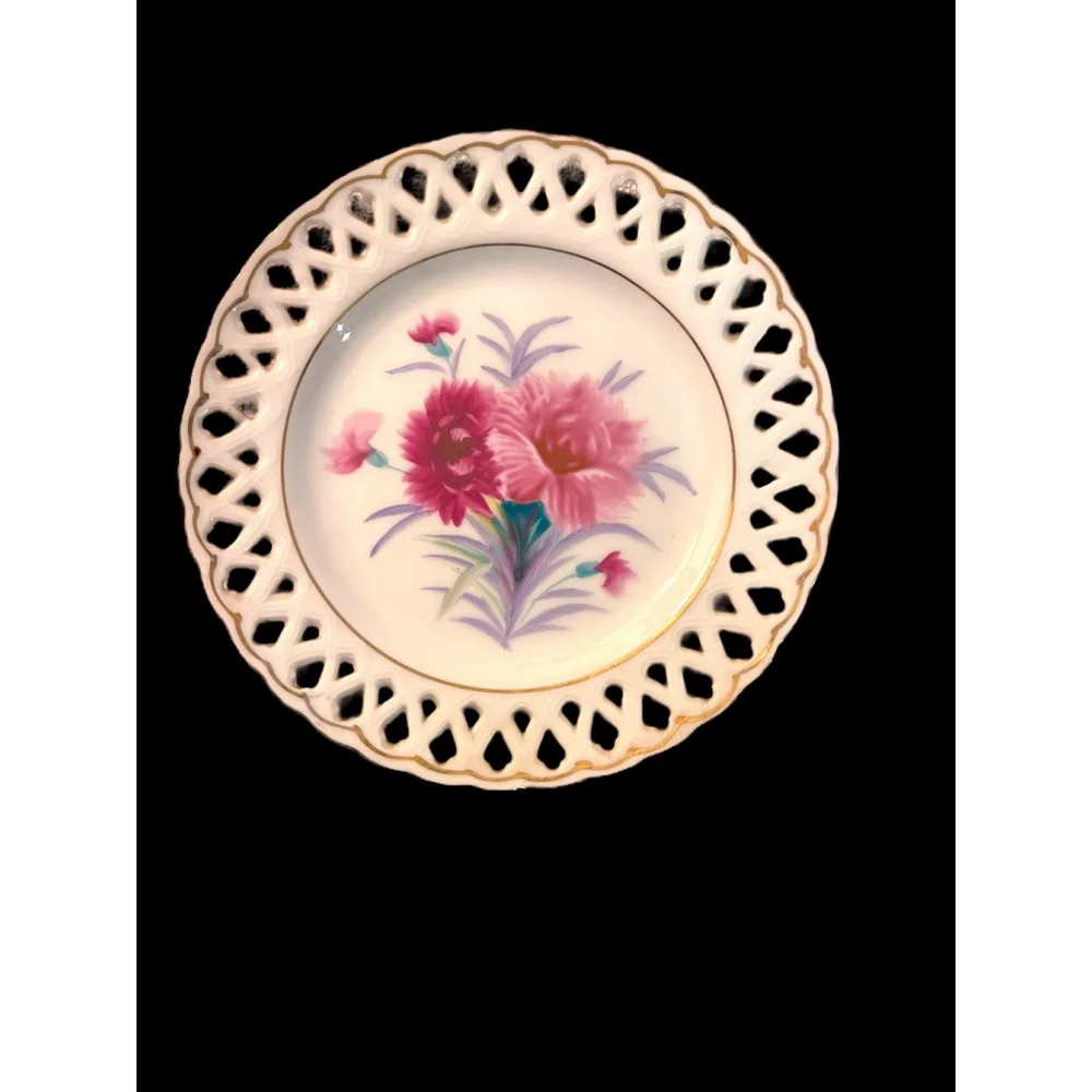 40s Collectible Dish from Japan 1940s Gold Edged Pink Flowers Lattice Edged